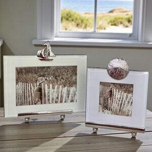 Set of 2 Silver Coastal Theme Sand Dollar and Sailboat Picture Frames